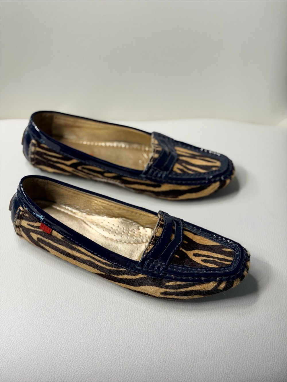 Size 6 Marc Joseph Zebra Print Patent Trim Loafers - Black and Tan
